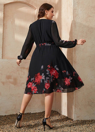 Plus Size Floral Surplice Neck Tie Waist Dress - MimiStylez