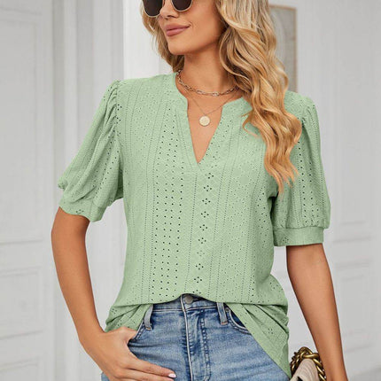 Eyelet Short Puff Sleeve Notched Neck Top - MimiStylez