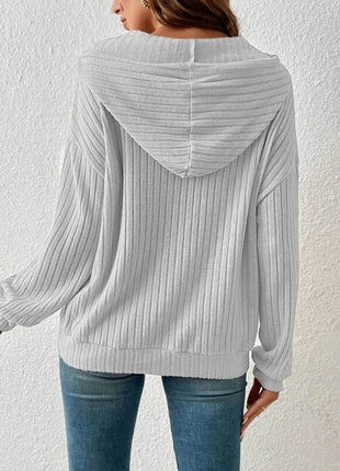 Ribbed Dropped Shoulder Drawstring Hoodie - MimiStylez