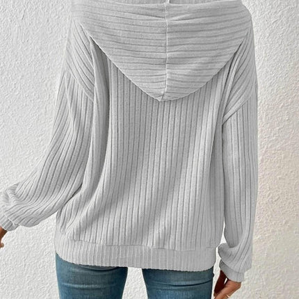 Ribbed Dropped Shoulder Drawstring Hoodie - MimiStylez