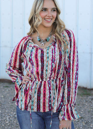 Multicolour Western Print Split Neck Peplum Blouse - MimiStylez