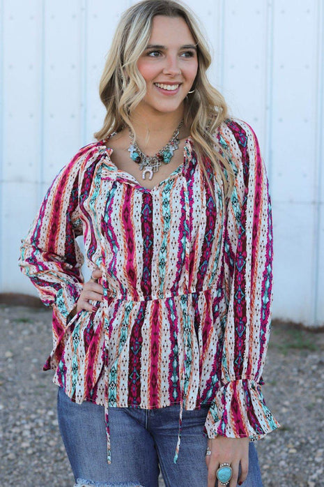 Multicolour Western Print Split Neck Peplum Blouse - MimiStylez