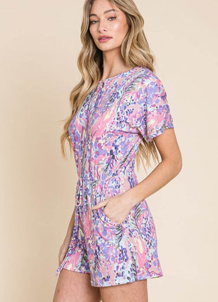 BOMBOM Print Short Sleeve Romper with Pockets - MimiStylez