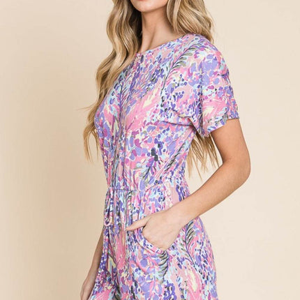 BOMBOM Print Short Sleeve Romper with Pockets - MimiStylez