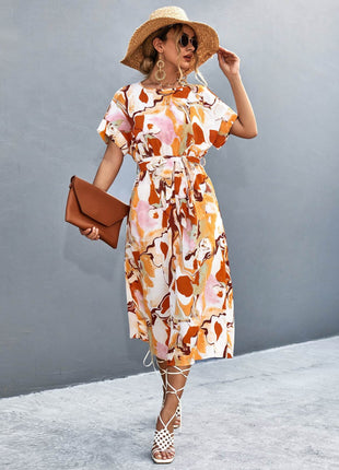 Round Neck Short Sleeve Tie Waist Midi Dress - MimiStylez