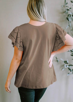Plus Size Eyelet Round Neck Short Sleeve Blouse - MimiStylez