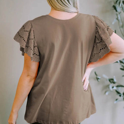 Plus Size Eyelet Round Neck Short Sleeve Blouse - MimiStylez