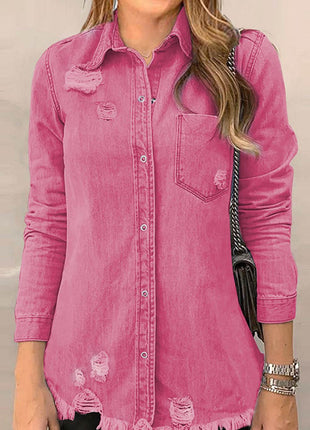 Distressed Raw Hem Snap Down Denim Jacket - MimiStylez