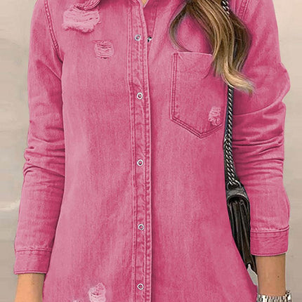 Distressed Raw Hem Snap Down Denim Jacket - MimiStylez
