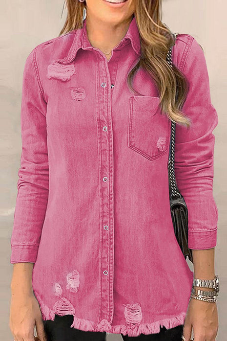 Distressed Raw Hem Snap Down Denim Jacket - MimiStylez