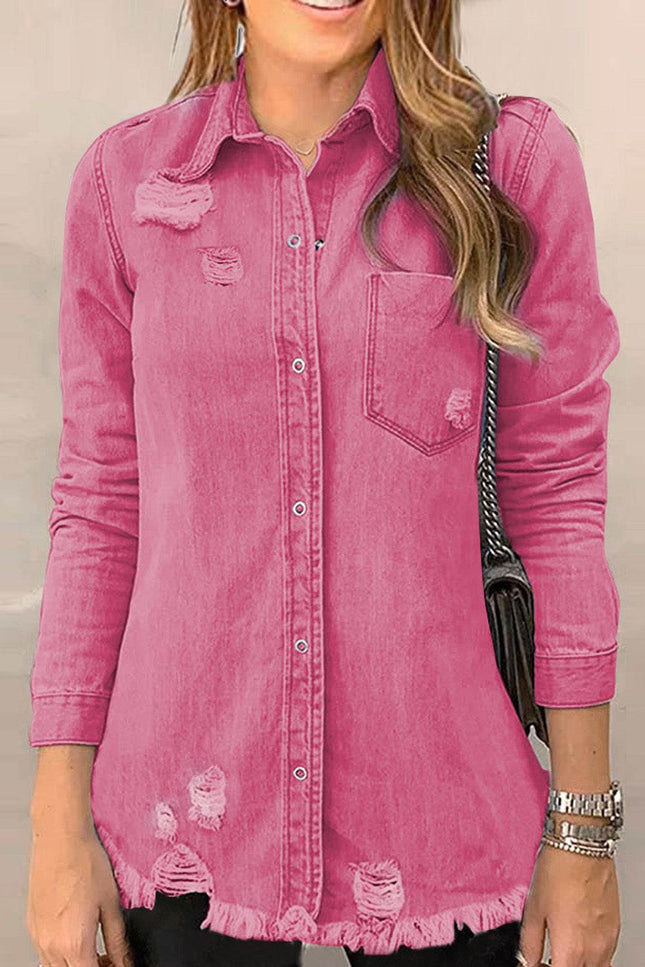 Distressed Raw Hem Snap Down Denim Jacket - MimiStylez