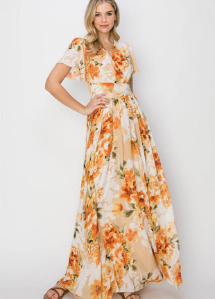 HYFVE Floral Tie Back Short Sleeve Slit Maxi Dress - MimiStylez