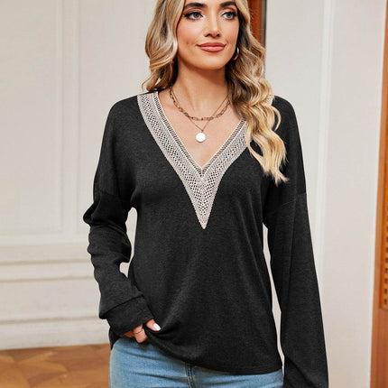 Contrast V-Neck Long Sleeve Blouse - MimiStylez