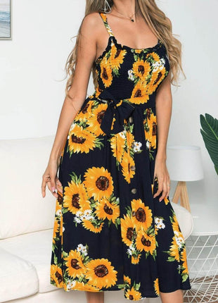 Smocked Sunflower Printed Sleeveless Cami Dress - MimiStylez