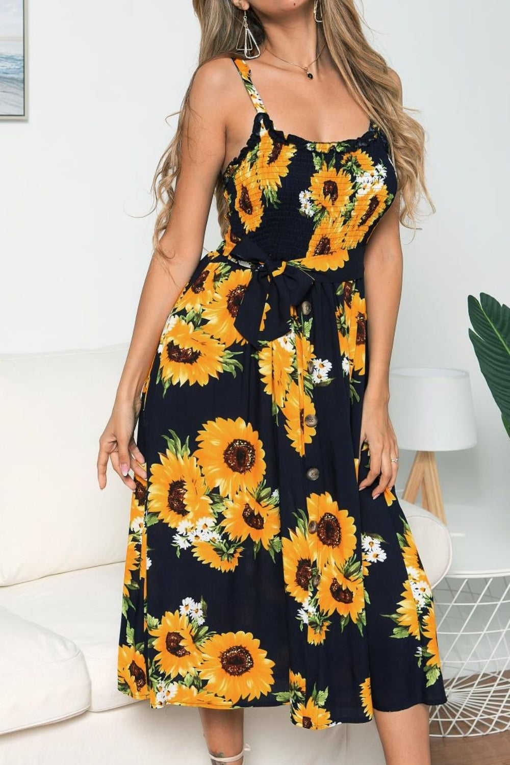 Vestido camisero sin mangas con estampado de girasoles ahumados