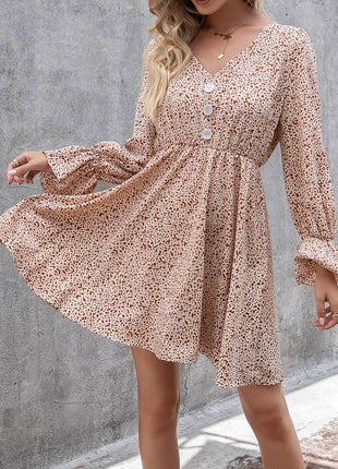 Decorative Button V-Neck Flounce Sleeve Dress - MimiStylez