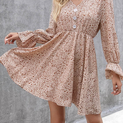 Decorative Button V-Neck Flounce Sleeve Dress - MimiStylez