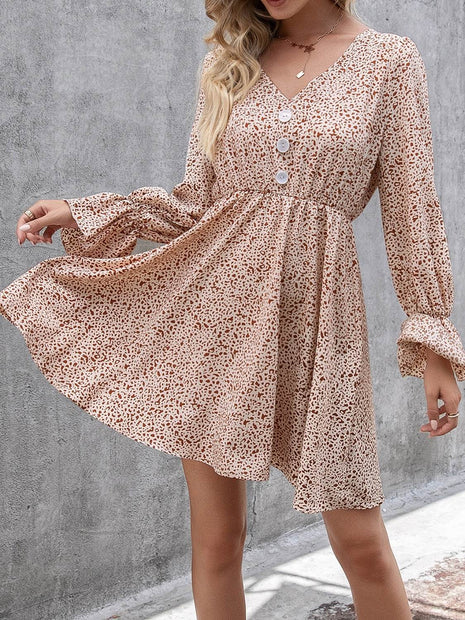 Decorative Button V-Neck Flounce Sleeve Dress - MimiStylez