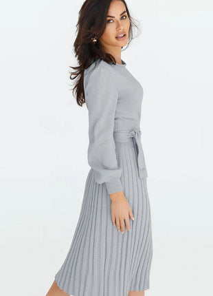 Round Neck Long Sleeve Pleated Sweater Dress - MimiStylez