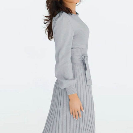 Round Neck Long Sleeve Pleated Sweater Dress - MimiStylez