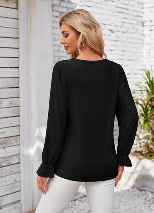 Applique V-Neck Flounce Sleeve T-Shirt - MimiStylez