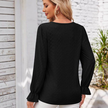 Applique V-Neck Flounce Sleeve T-Shirt - MimiStylez