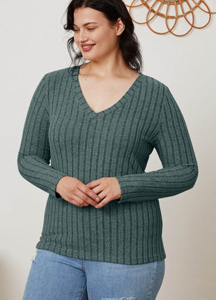 Basic Bae Full Size Ribbed V-Neck Long Sleeve T-Shirt - MimiStylez