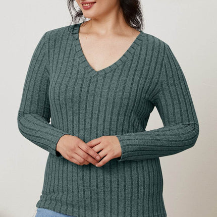 Basic Bae Full Size Ribbed V-Neck Long Sleeve T-Shirt - MimiStylez