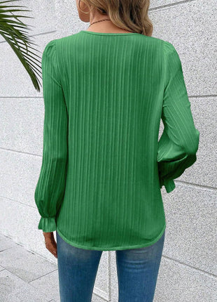 V-Neck Lace Detail Flounce Sleeve Blouse - MimiStylez