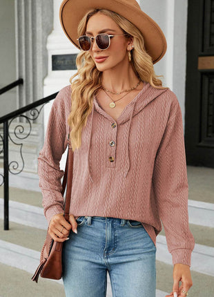 Drawstring Half Button Long Sleeve Hoodie - MimiStylez