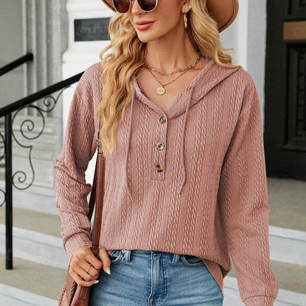Drawstring Half Button Long Sleeve Hoodie - MimiStylez