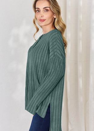 Basic Bae Full Size Ribbed Half Button Long Sleeve High-Low T-Shirt - MimiStylez
