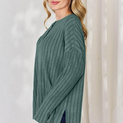 Basic Bae Full Size Ribbed Half Button Long Sleeve High-Low T-Shirt - MimiStylez