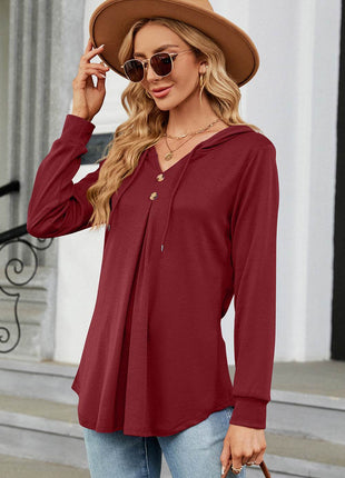 Decorative Button Drawstring Long Sleeve Hoodie - MimiStylez