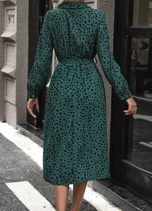 Perfee Printed Belted Long Sleeve Midi Dress - MimiStylez