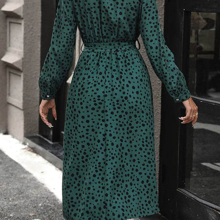 Perfee Printed Belted Long Sleeve Midi Dress - MimiStylez