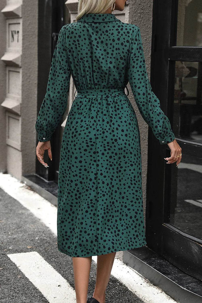 Perfee Printed Belted Long Sleeve Midi Dress - MimiStylez