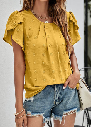 Swiss Dot Round Neck Petal Sleeve Top - MimiStylez