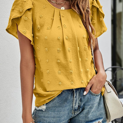 Swiss Dot Round Neck Petal Sleeve Top - MimiStylez