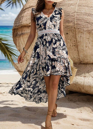 High-Low Printed V-Neck Cap Sleeve Midi Dress - MimiStylez