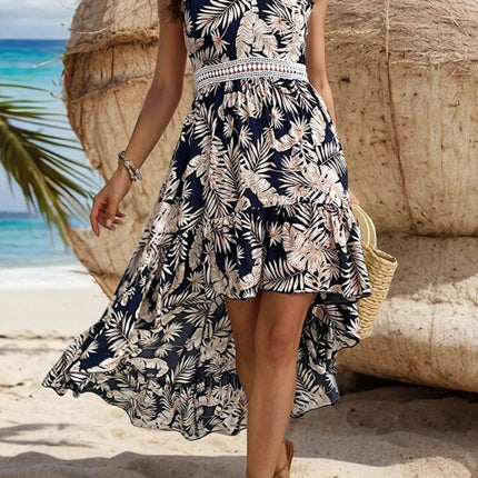 High-Low Printed V-Neck Cap Sleeve Midi Dress - MimiStylez