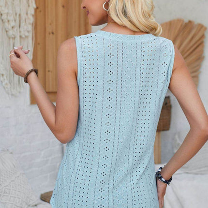 Eyelet Decorative Button V-Neck Tank - MimiStylez