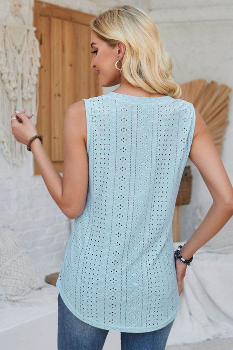 Eyelet Decorative Button V-Neck Tank - MimiStylez