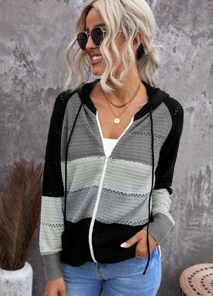 Zip-Up Raglan Sleeve Openwork Hooded Cardigan - MimiStylez