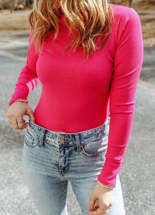 High Neck Long Sleeve Ribbed Top - MimiStylez