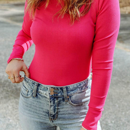 High Neck Long Sleeve Ribbed Top - MimiStylez
