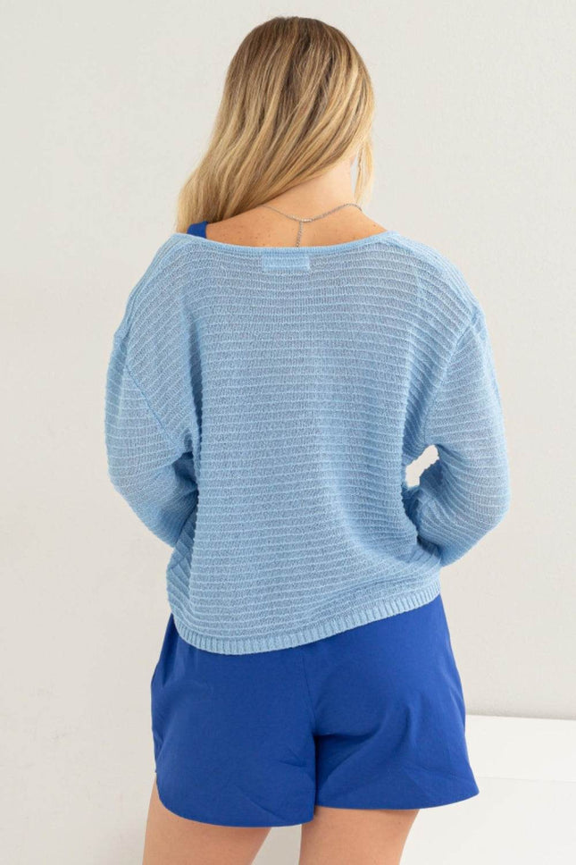 HYFVE V-Neck Stripe Texture Long Sleeve Top - MimiStylez