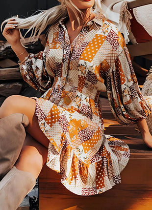 Printed Collared Neck Three-Quarter Sleeve Mini Shirt Dress - MimiStylez