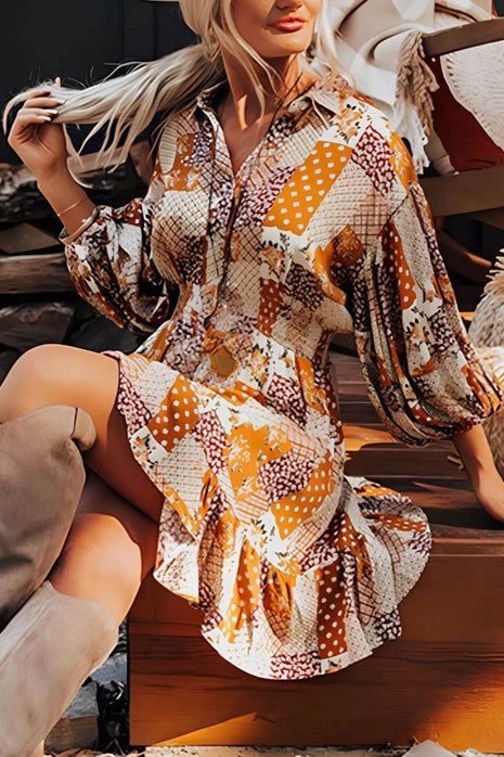 Printed Collared Neck Three-Quarter Sleeve Mini Shirt Dress - MimiStylez
