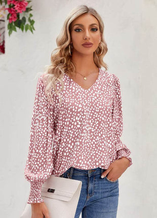 Printed V-Neck Lantern Sleeve Blouse - MimiStylez